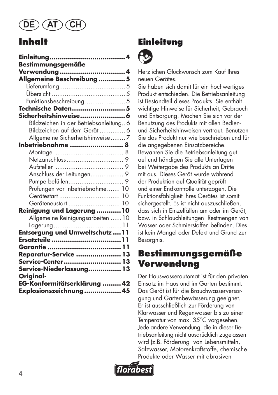 De at ch, Bestimmungsgemäße verwendung, Inhalt | Einleitung | Florabest FHa 1100 B2 User Manual | Page 4 / 48