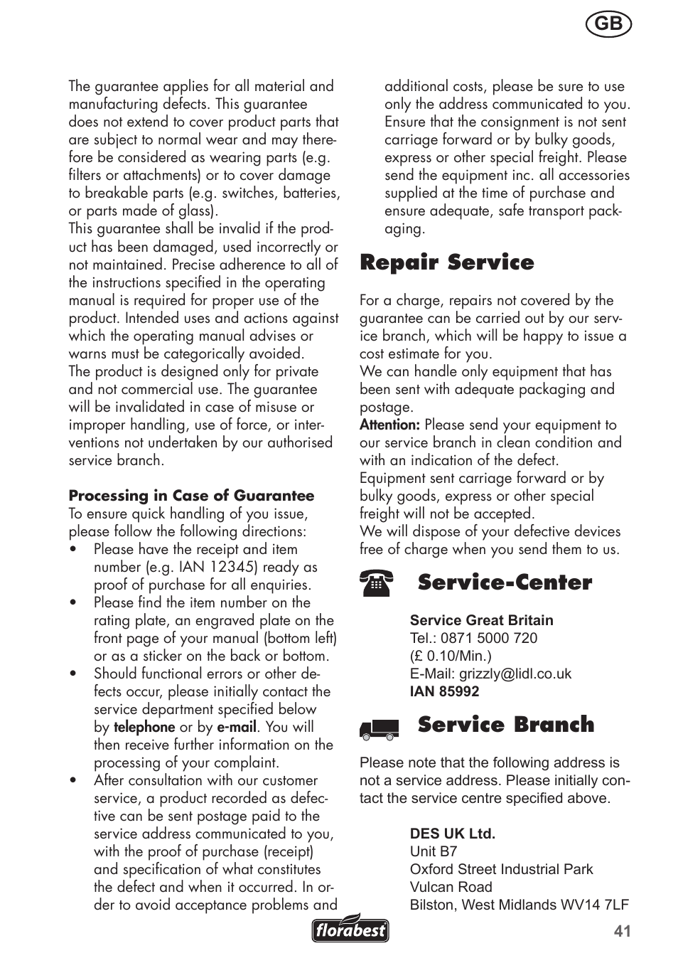 Repair service, Service-center, Service branch | Florabest FHa 1100 B2 User Manual | Page 41 / 48