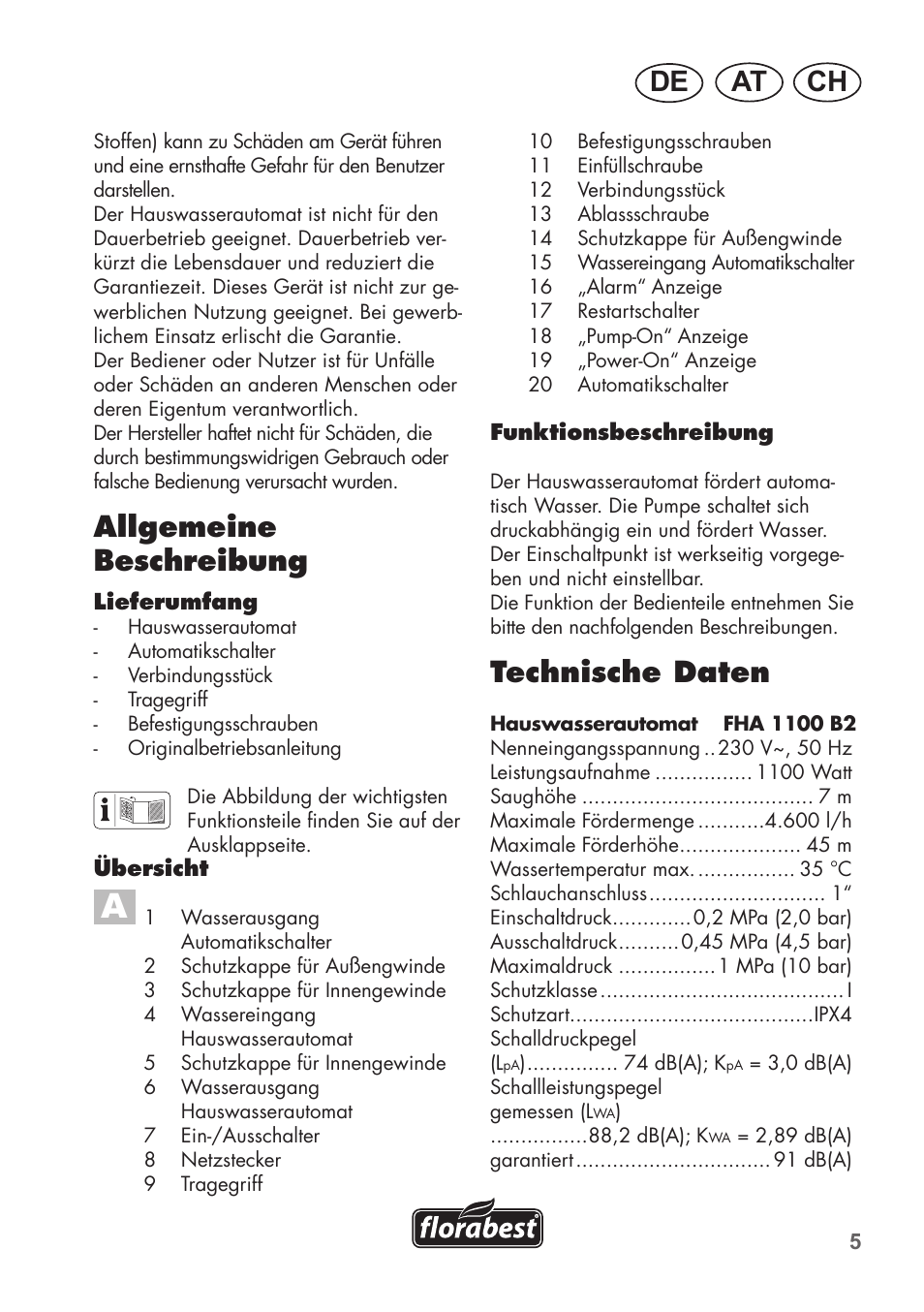 Ch at de, Technische daten, Allgemeine beschreibung | Florabest FHa 1100 B2 User Manual | Page 5 / 48