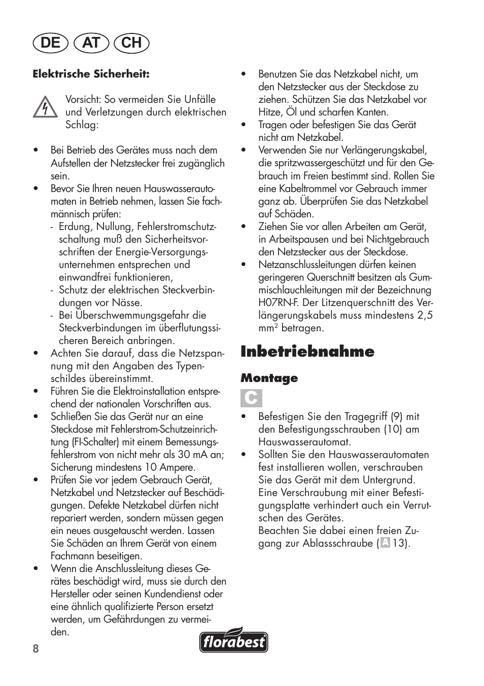 De at ch, Inbetriebnahme | Florabest FHa 1100 B2 User Manual | Page 8 / 48