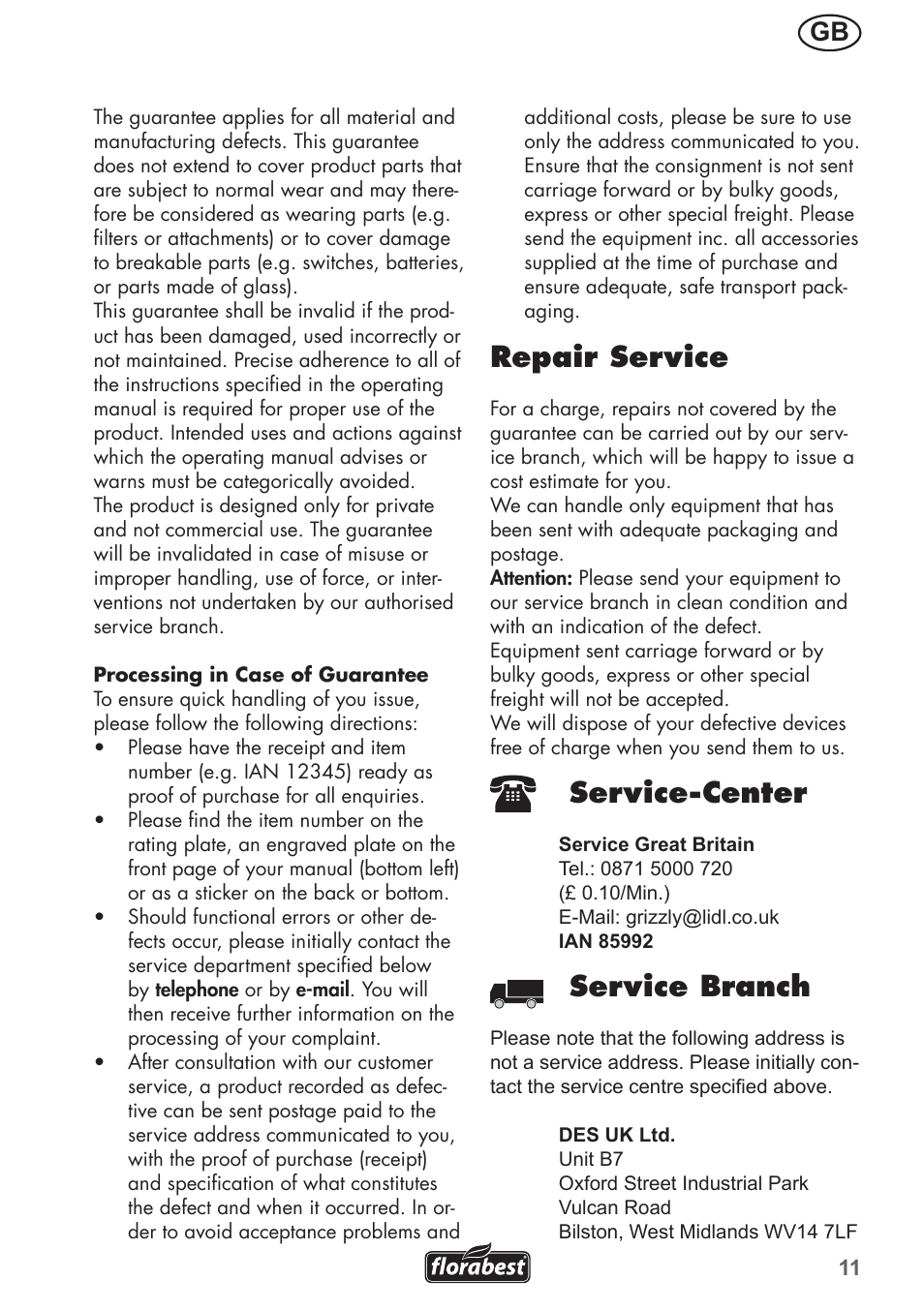 Repair service, Service-center, Service branch | Florabest FHa 1100 B2 User Manual | Page 11 / 56