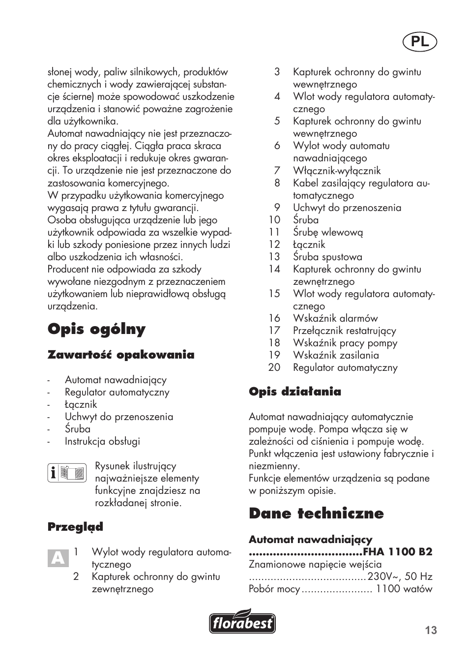 Dane techniczne, Opis ogólny | Florabest FHa 1100 B2 User Manual | Page 13 / 56