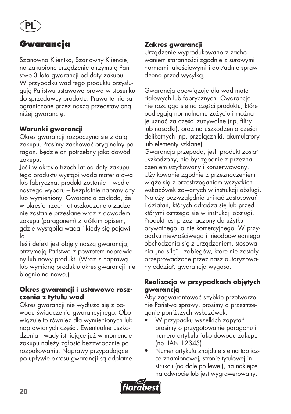 Gwarancja | Florabest FHa 1100 B2 User Manual | Page 20 / 56