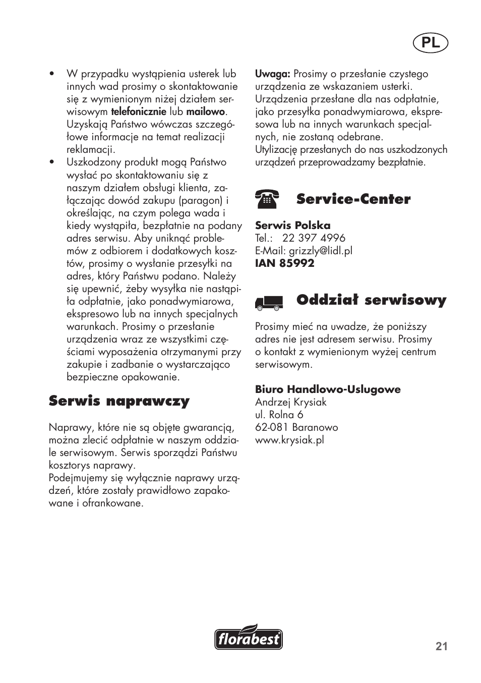 Serwis naprawczy, Service-center, Oddział serwisowy | Florabest FHa 1100 B2 User Manual | Page 21 / 56