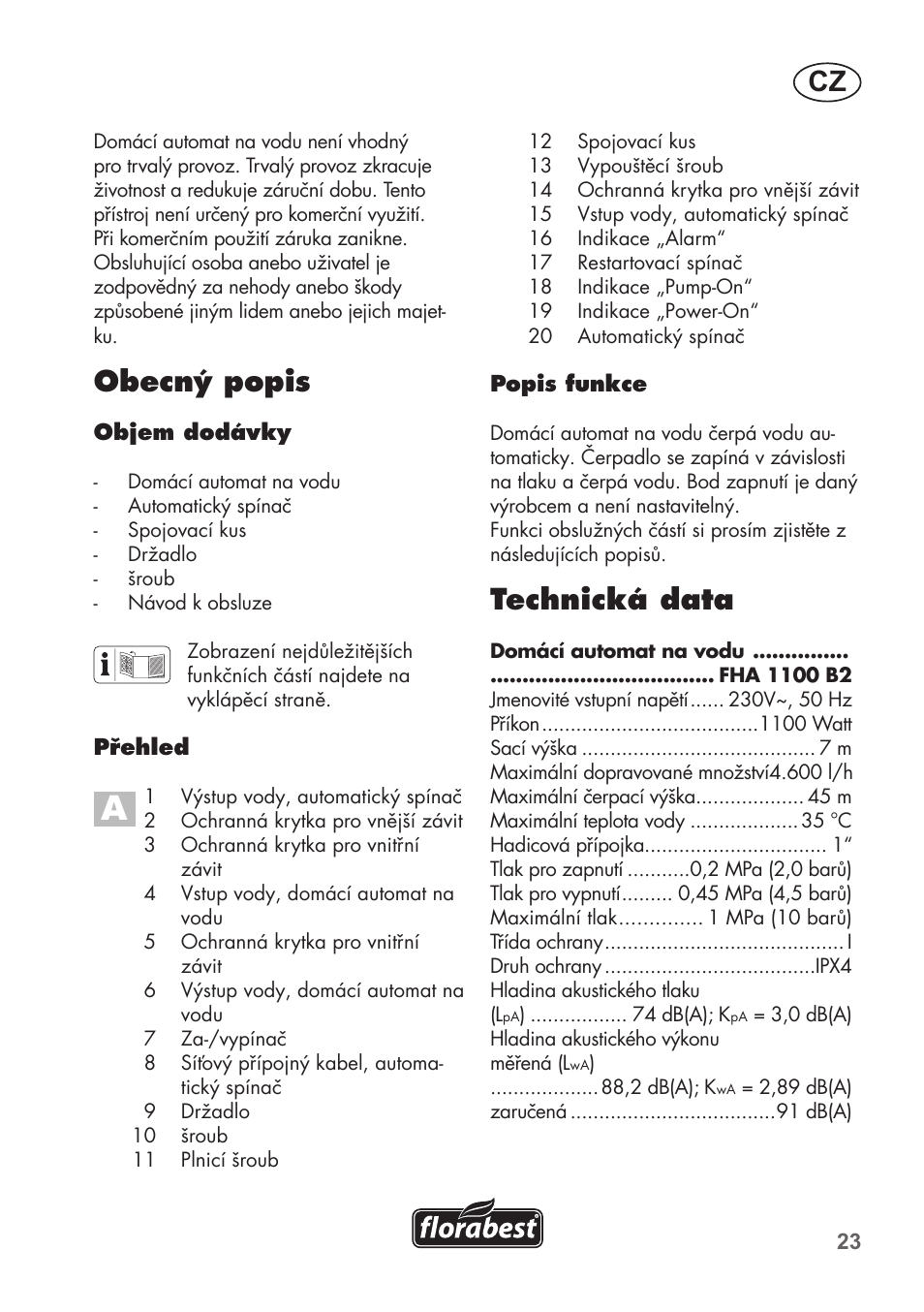 Technická data, Obecný popis | Florabest FHa 1100 B2 User Manual | Page 23 / 56