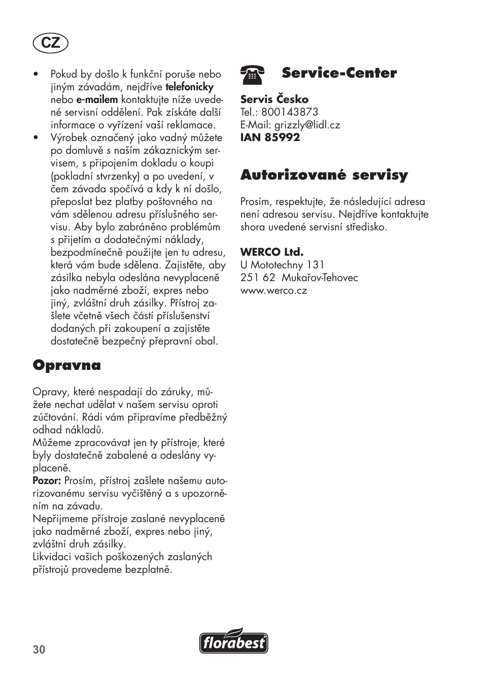 Opravna, Service-center, Autorizované servisy | Florabest FHa 1100 B2 User Manual | Page 30 / 56