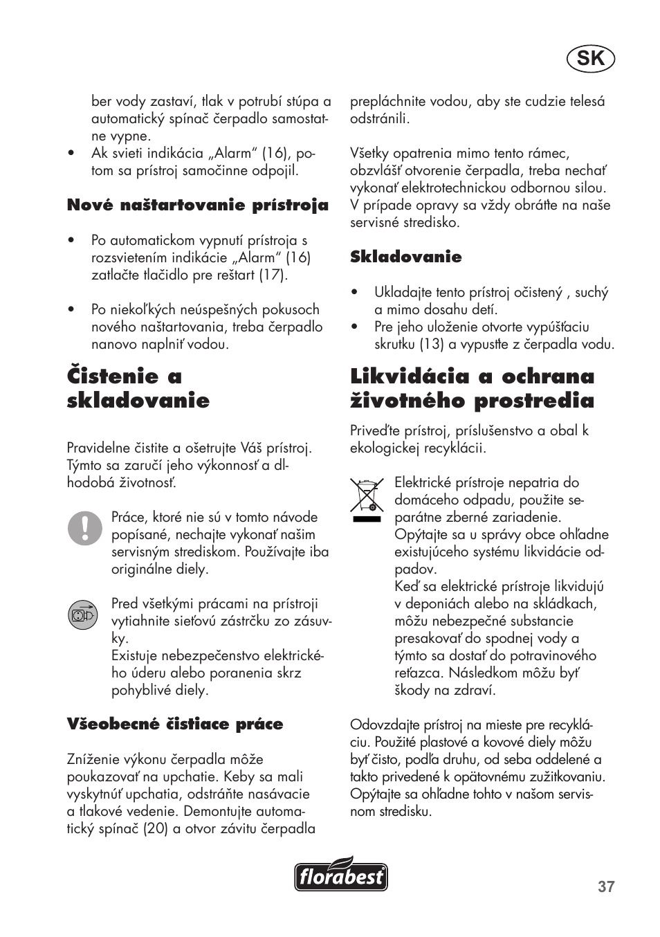 Čistenie a skladovanie, Likvidácia a ochrana životného prostredia | Florabest FHa 1100 B2 User Manual | Page 37 / 56