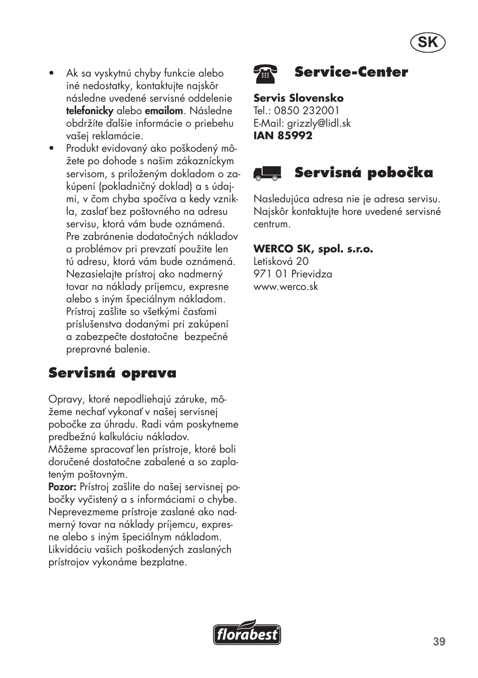 Servisná oprava, Service-center, Servisná pobočka | Florabest FHa 1100 B2 User Manual | Page 39 / 56