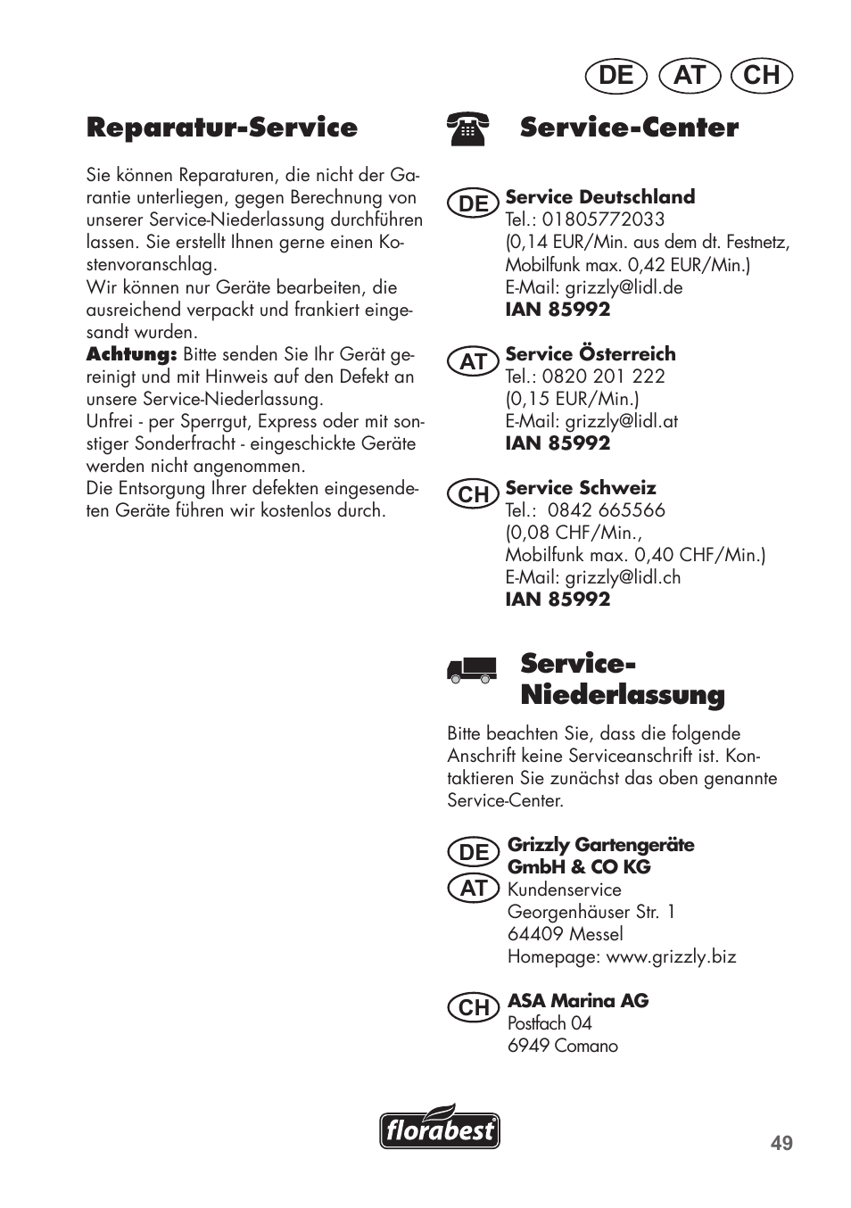 Ch at de service-center, Service- niederlassung, Reparatur-service | Florabest FHa 1100 B2 User Manual | Page 49 / 56