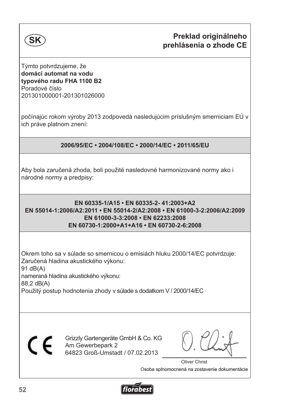 Preklad originálneho prehlásenia o zhode ce | Florabest FHa 1100 B2 User Manual | Page 52 / 56