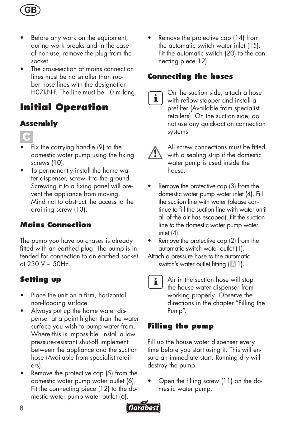 Initial operation | Florabest FHa 1100 B2 User Manual | Page 8 / 56