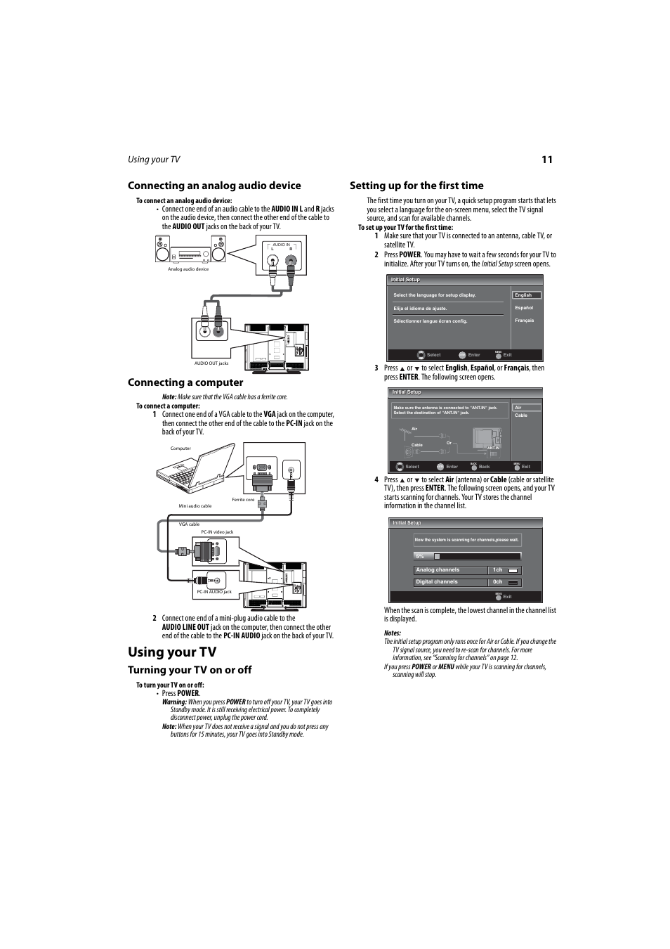 Connecting an analog audio device, Connecting a computer, Using your tv | Turning your tv on or off, Setting up for the first time, 11 connecting an analog audio device, Press power | Dynex DX-LCD37-09 User Manual | Page 11 / 64