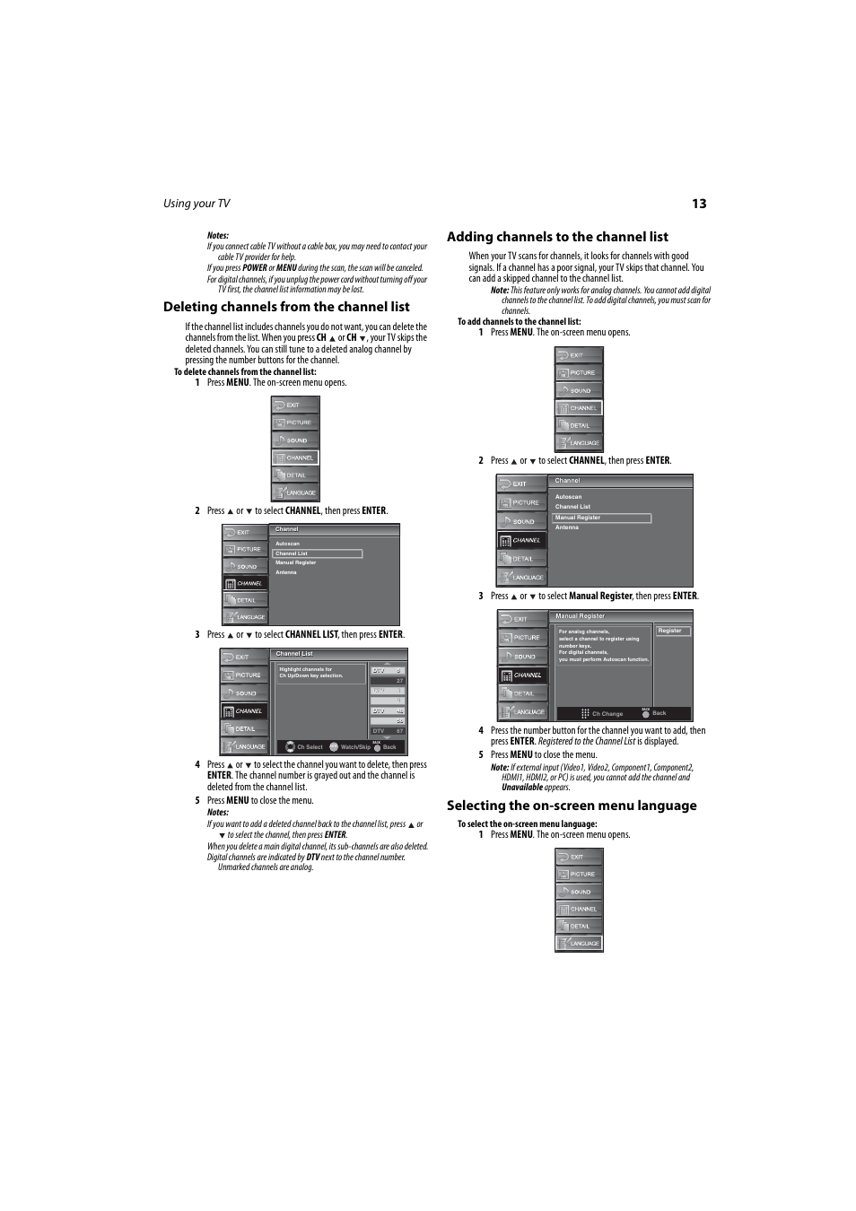 Deleting channels from the channel list, Adding channels to the channel list, Selecting the on-screen menu language | Ge 13, Using your tv | Dynex DX-LCD37-09 User Manual | Page 13 / 64