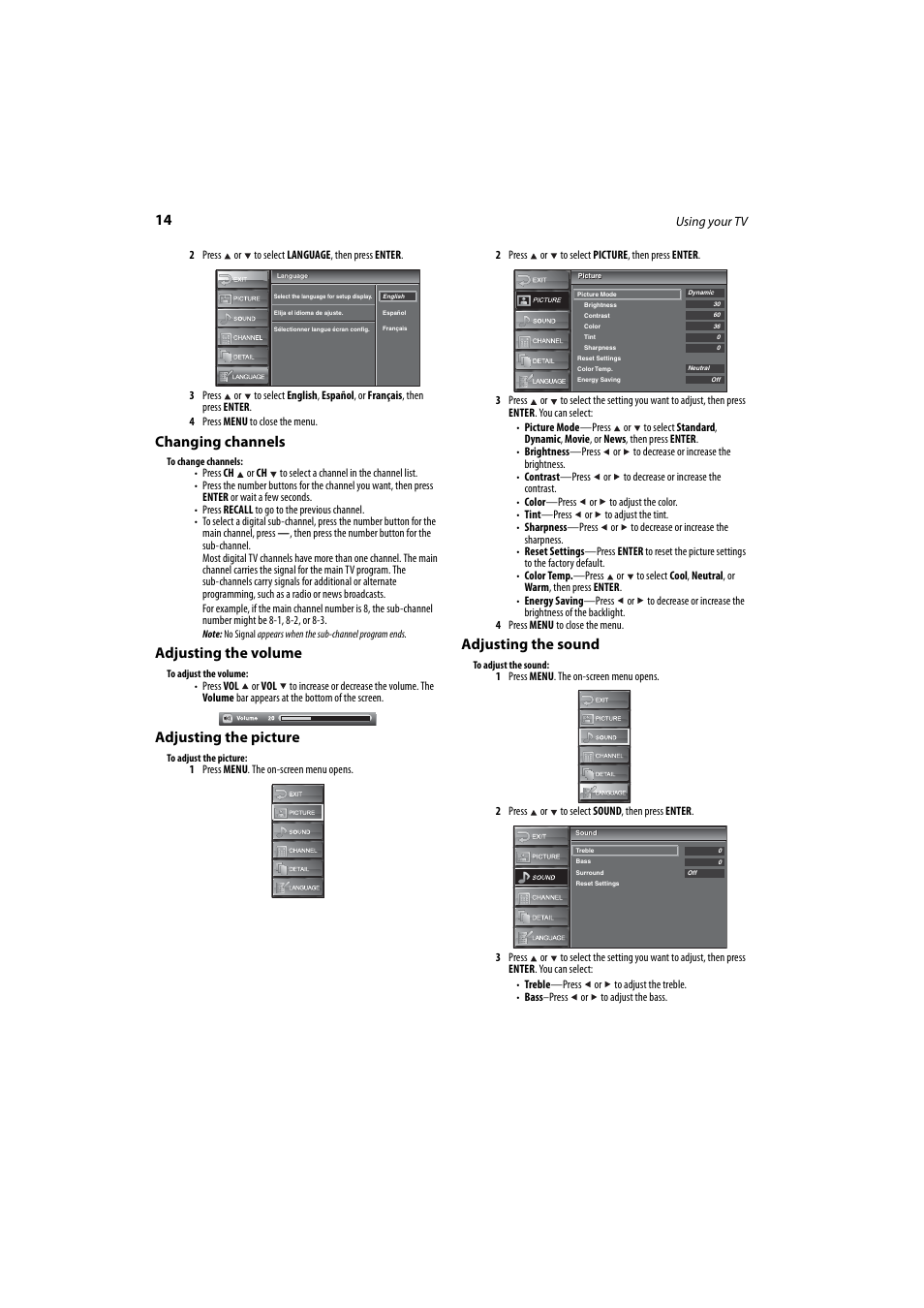 Changing channels, Adjusting the volume, Adjusting the picture | Adjusting the sound, Ee “adjusting the picture, Ee “adjusting the sound, Ge 14 | Dynex DX-LCD37-09 User Manual | Page 14 / 64