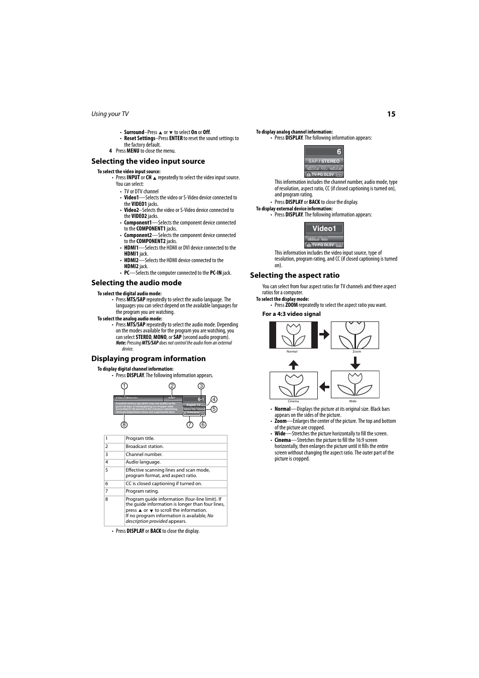 Selecting the video input source, Selecting the audio mode, Displaying program information | Selecting the aspect ratio, Video1 | Dynex DX-LCD37-09 User Manual | Page 15 / 64