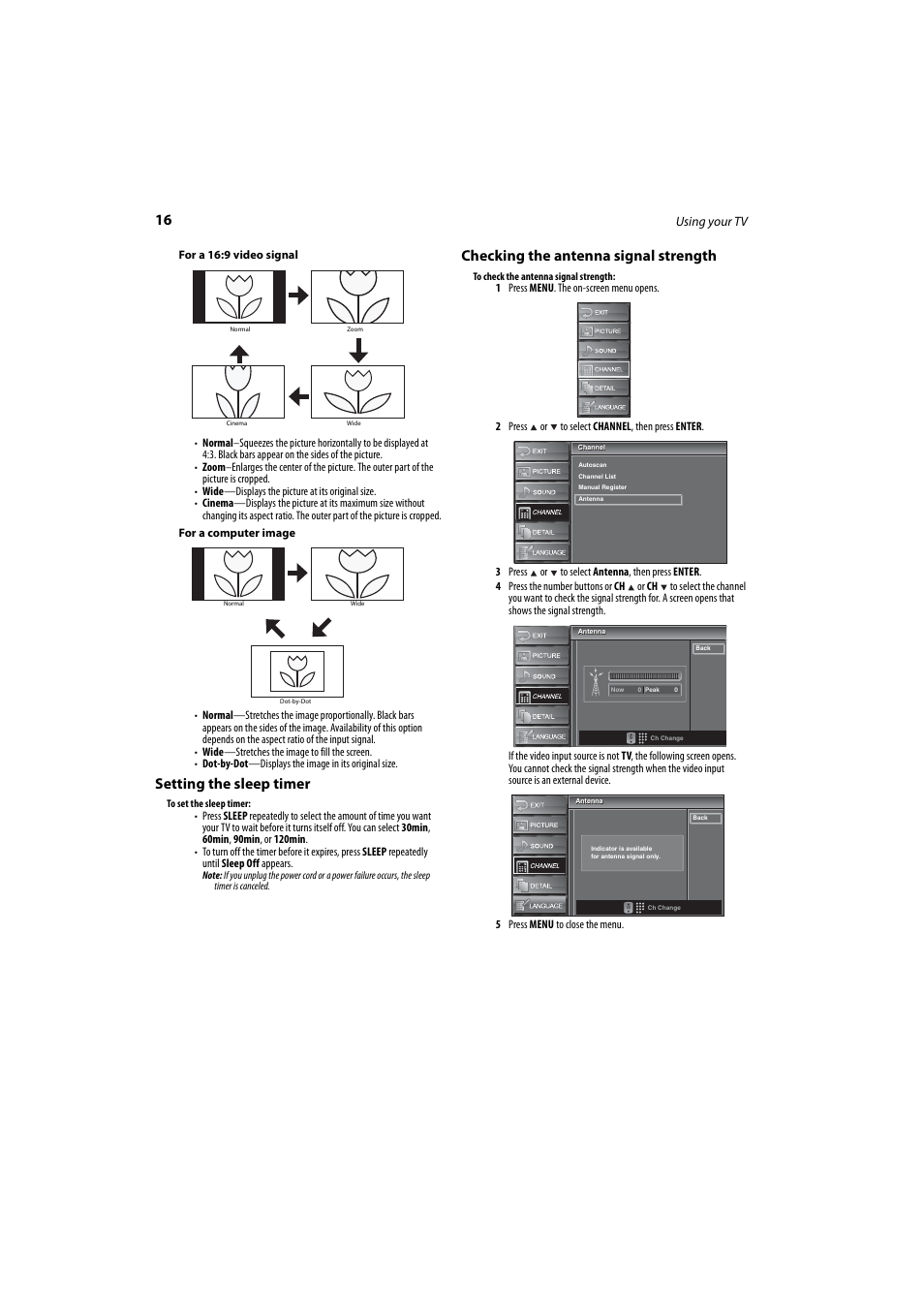 Setting the sleep timer, Checking the antenna signal strength | Dynex DX-LCD37-09 User Manual | Page 16 / 64