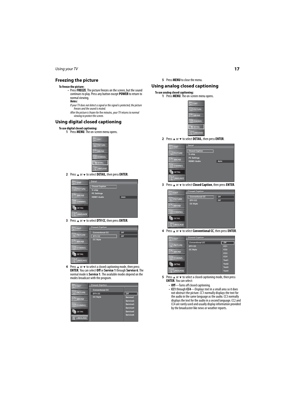 Freezing the picture, Using digital closed captioning, Using analog closed captioning | 17 freezing the picture, Using your tv | Dynex DX-LCD37-09 User Manual | Page 17 / 64