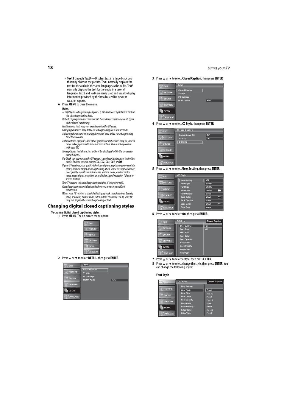 Changing digital closed captioning styles, Using your tv | Dynex DX-LCD37-09 User Manual | Page 18 / 64
