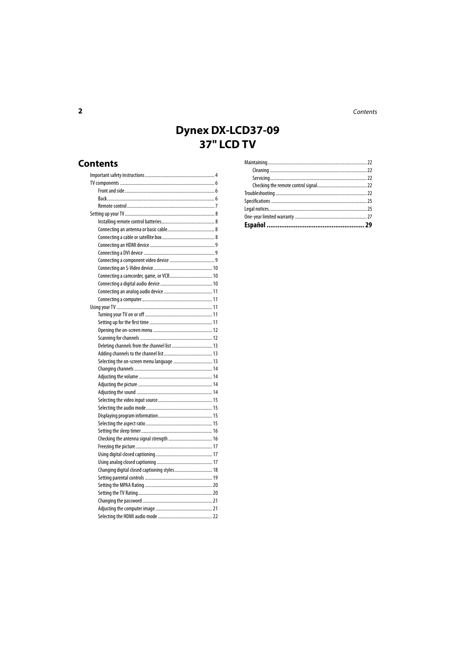Dynex DX-LCD37-09 User Manual | Page 2 / 64