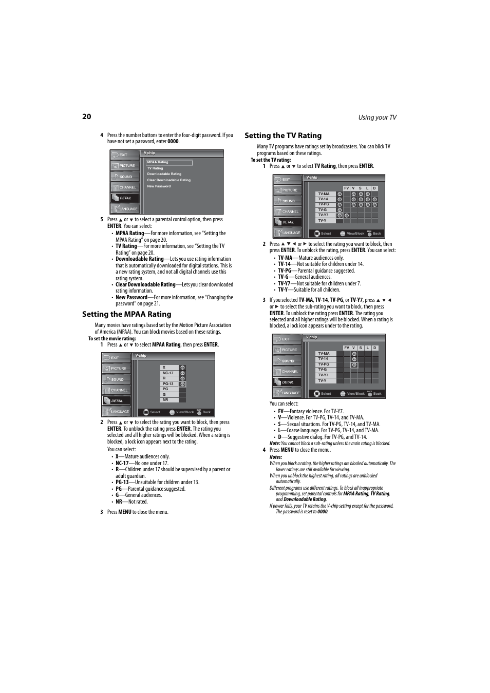 Setting the mpaa rating, Setting the tv rating, Setting the mpaa rating setting the tv rating | Using your tv | Dynex DX-LCD37-09 User Manual | Page 20 / 64
