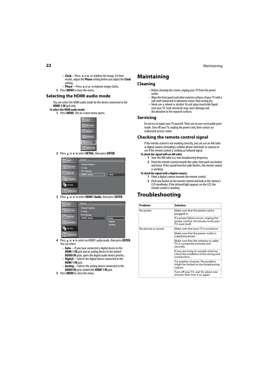 Selecting the hdmi audio mode, Maintaining, Cleaning | Servicing, Checking the remote control signal, Troubleshooting | Dynex DX-LCD37-09 User Manual | Page 22 / 64