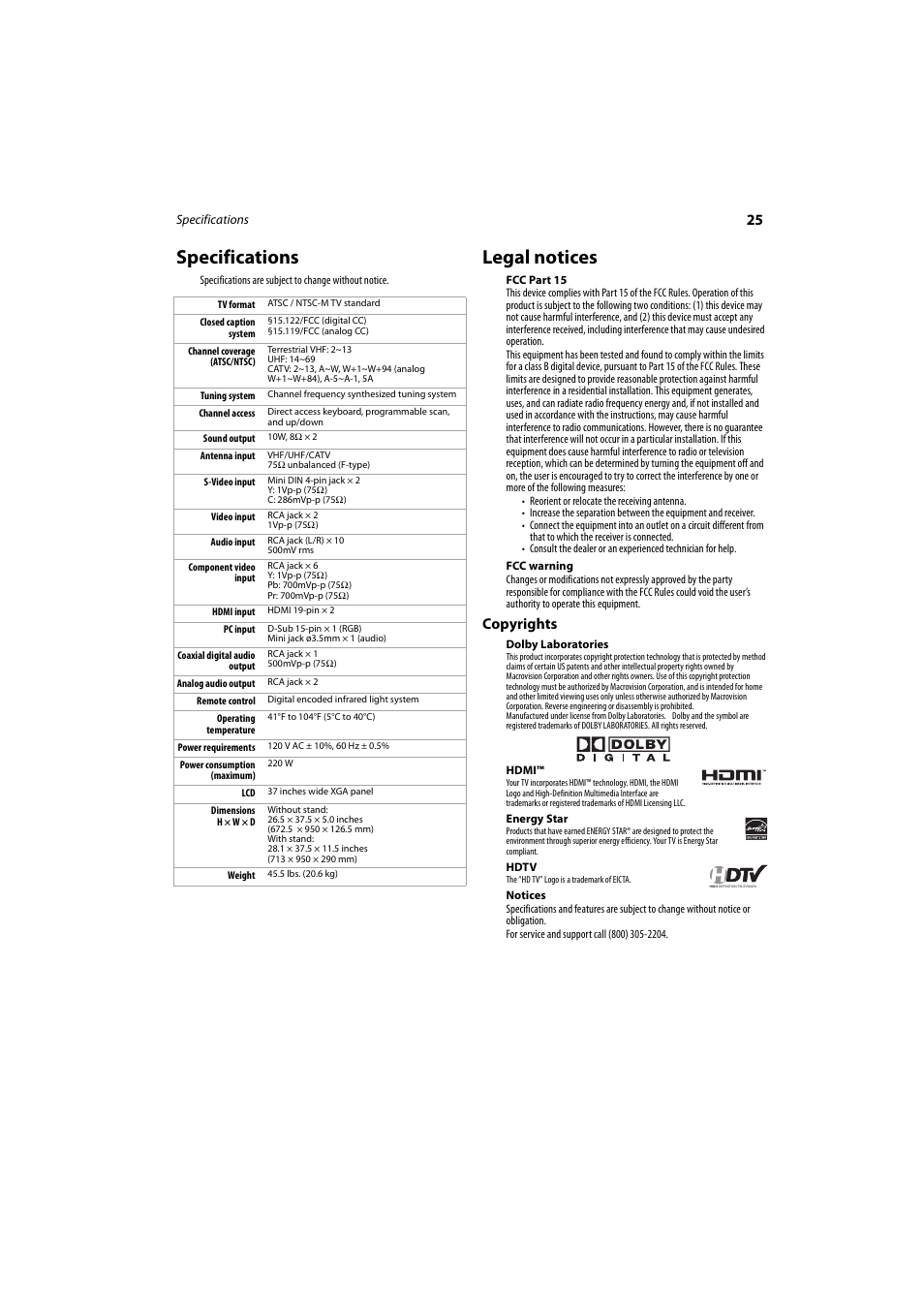 Specifications, Legal notices, Copyrights | Specifications legal notices | Dynex DX-LCD37-09 User Manual | Page 25 / 64