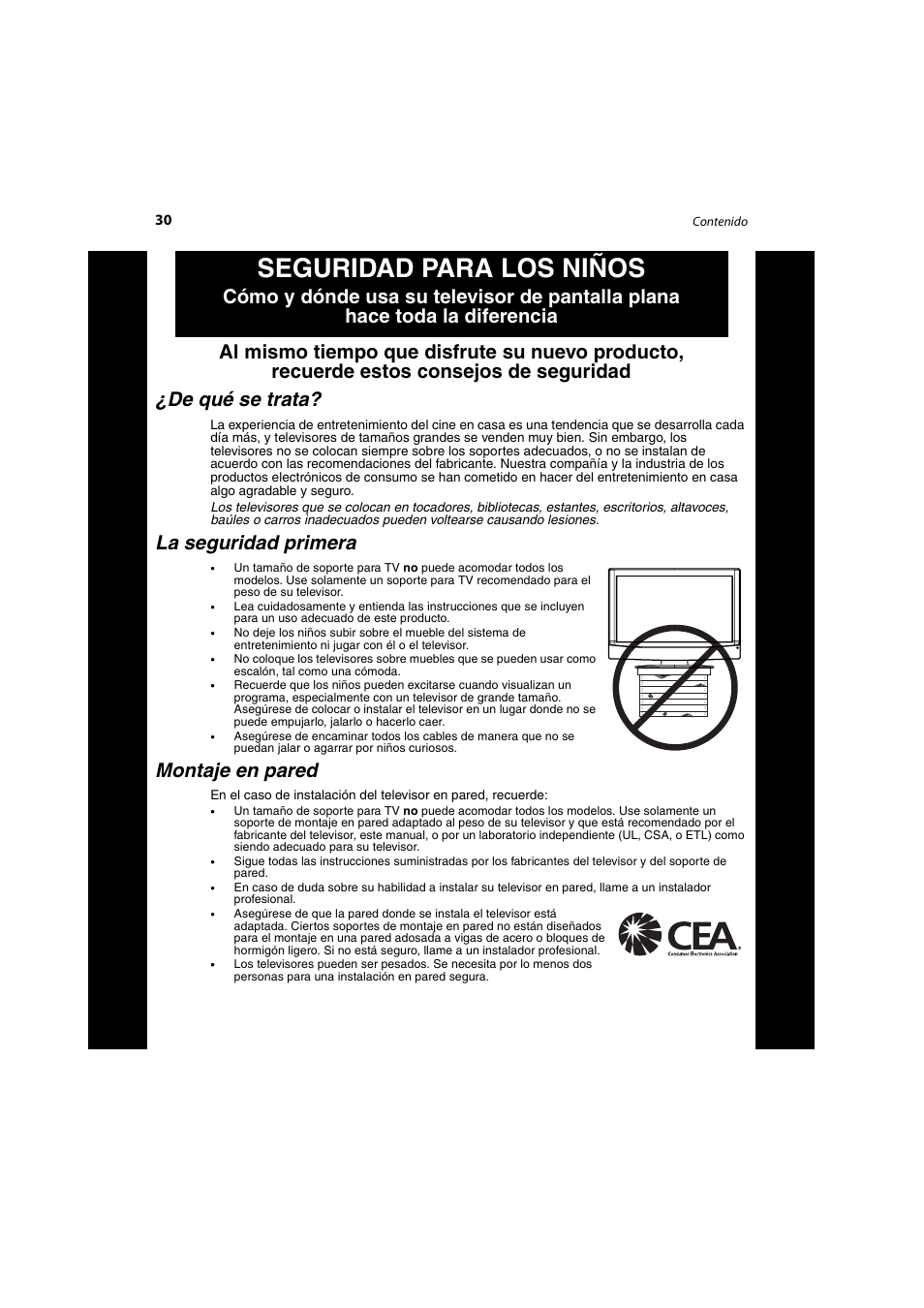 Seguridad para los niños, La seguridad primera, Montaje en pared | Dynex DX-LCD37-09 User Manual | Page 30 / 64