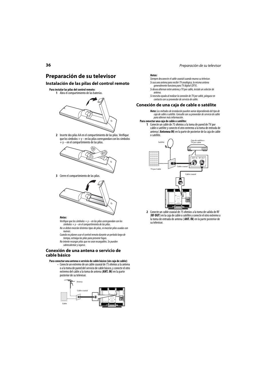 Preparación de su televisor, Instalación de las pilas del control remoto, Conexión de una antena o servicio de cable básico | Conexión de una caja de cable o satélite | Dynex DX-LCD37-09 User Manual | Page 36 / 64