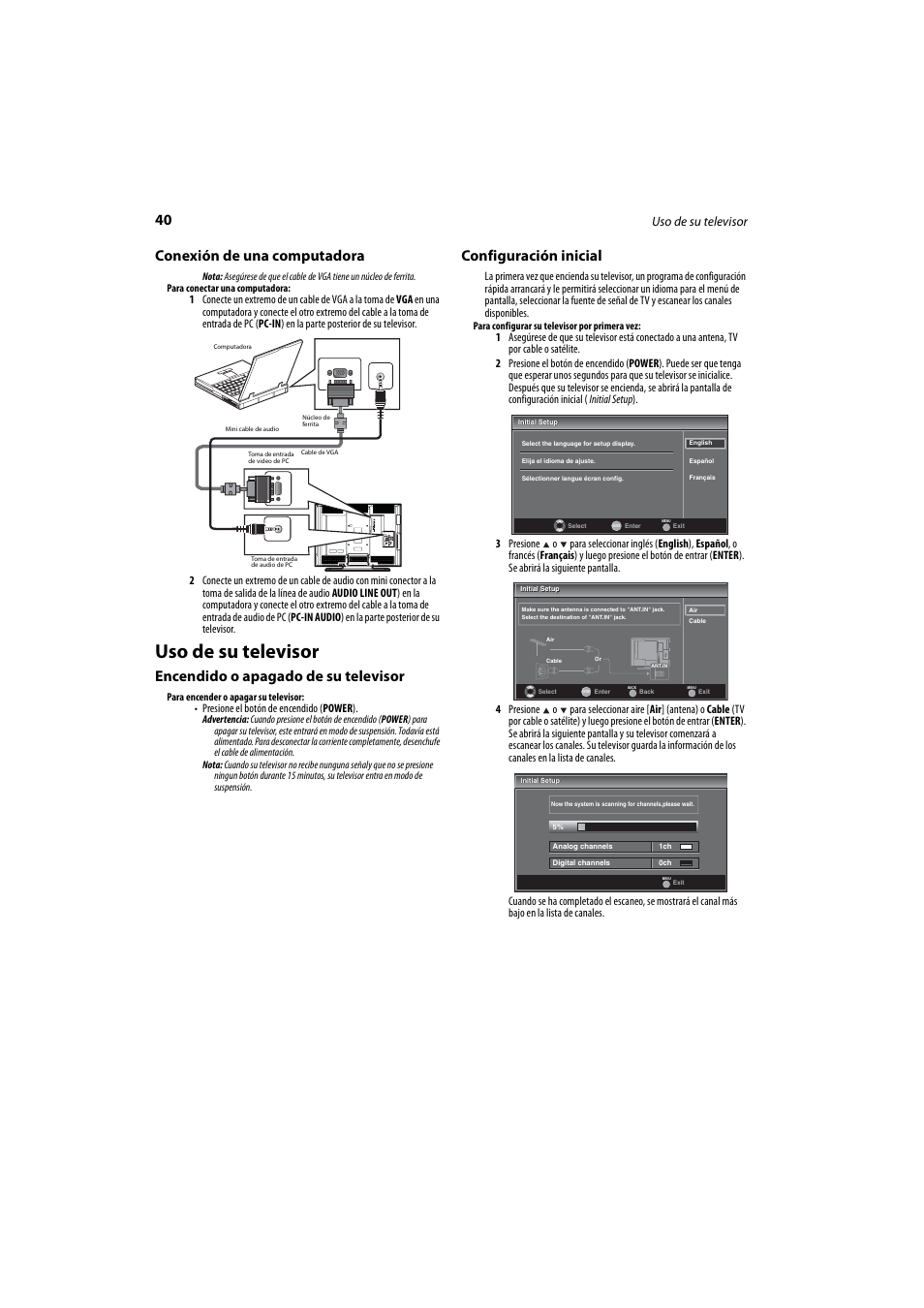 Conexión de una computadora, Uso de su televisor, Encendido o apagado de su televisor | Configuración inicial, Presione el botón de encendido ( power ) | Dynex DX-LCD37-09 User Manual | Page 40 / 64