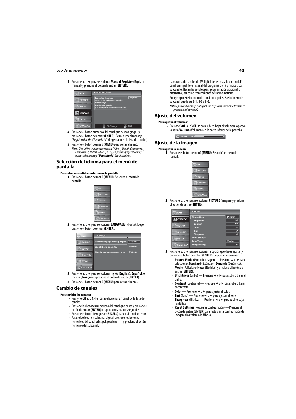 Selección del idioma para el menú de pantalla, Cambio de canales, Ajuste del volumen | Ajuste de la imagen, Selección del idioma para el menú de pantalla” en | Dynex DX-LCD37-09 User Manual | Page 43 / 64