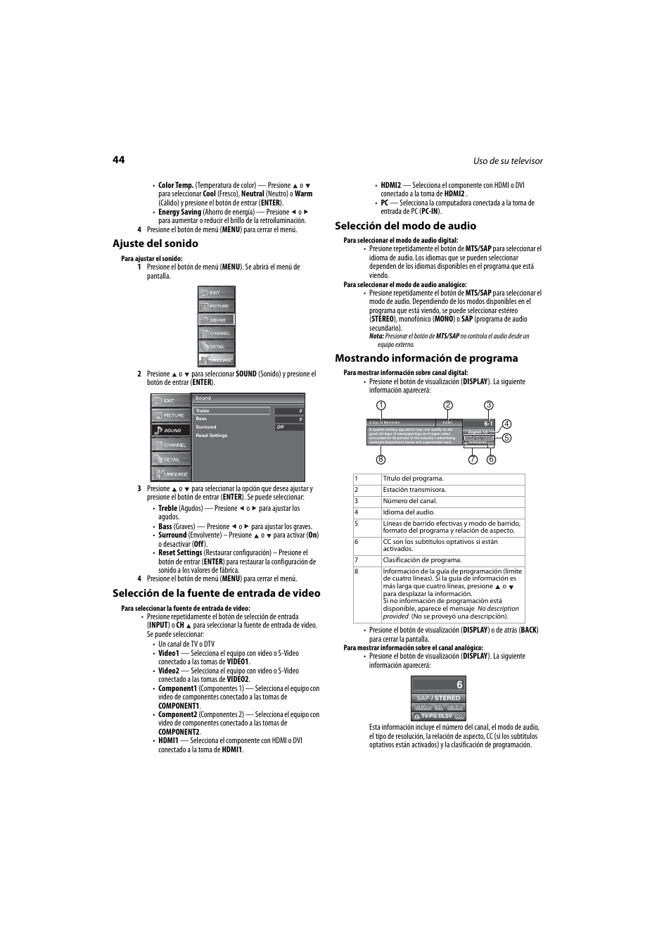 Ajuste del sonido, Selección de la fuente de entrada de video, Selección del modo de audio | Mostrando información de programa, Na 44 | Dynex DX-LCD37-09 User Manual | Page 44 / 64