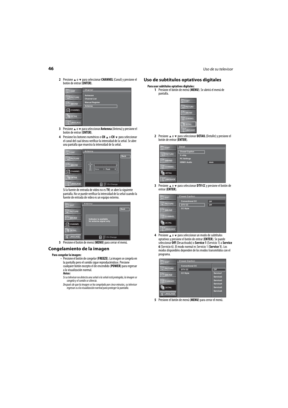 Congelamiento de la imagen, Uso de subtítulos optativos digitales, Uso de su televisor | Dynex DX-LCD37-09 User Manual | Page 46 / 64