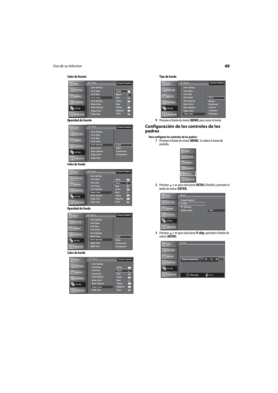 Configuración de los controles de los padres, Uso de su televisor, Para configurar los controles de los padres | Dynex DX-LCD37-09 User Manual | Page 49 / 64