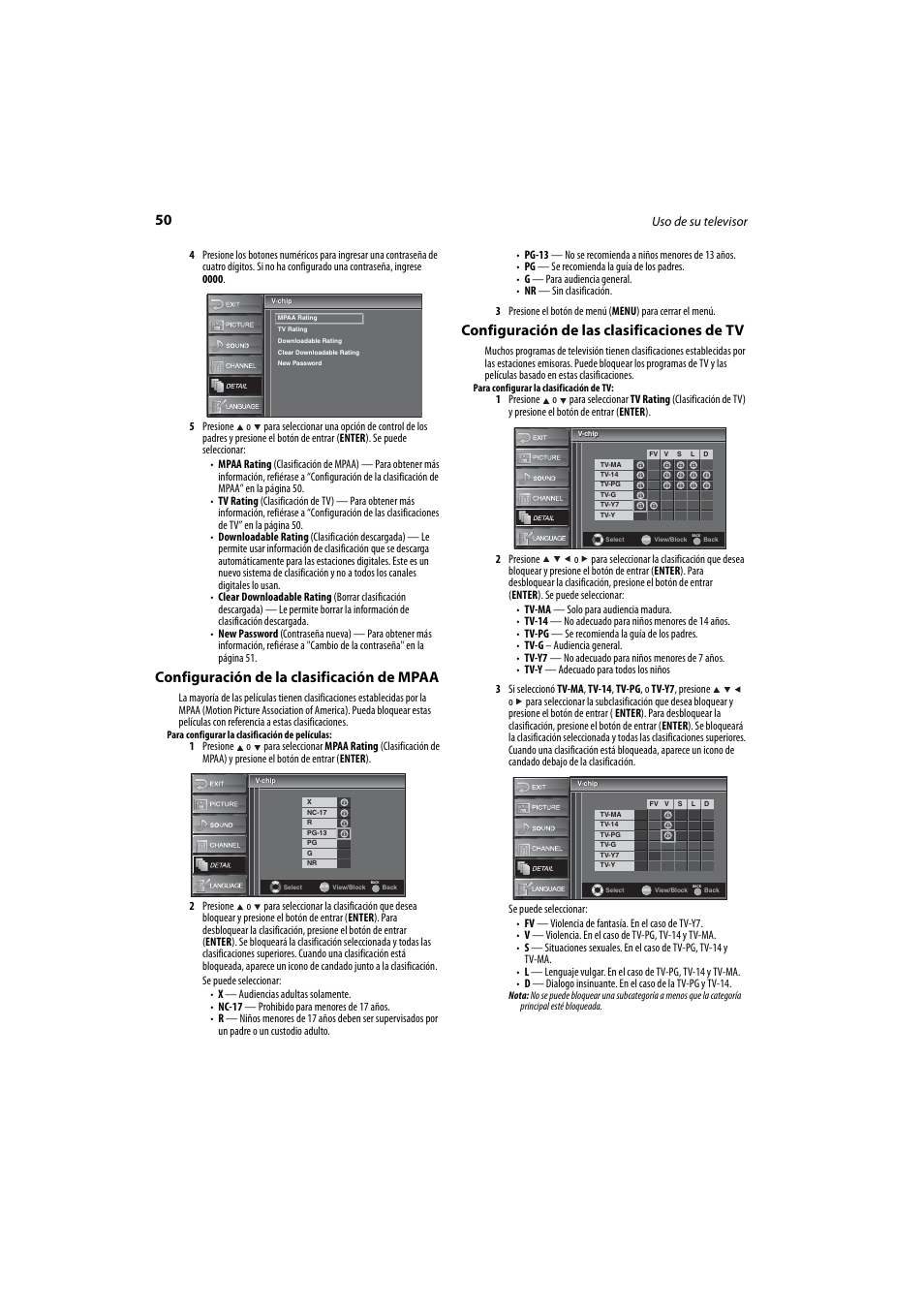 Configuración de la clasificación de mpaa, Configuración de las clasificaciones de tv, Uso de su televisor | Dynex DX-LCD37-09 User Manual | Page 50 / 64