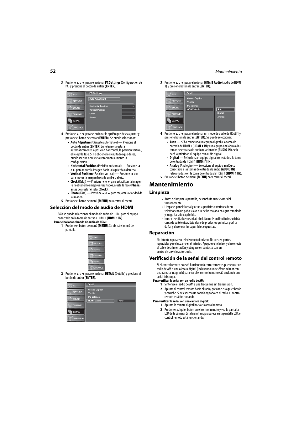 Selección del modo de audio de hdmi, Mantenimiento, Limpieza | Reparación, Verificación de la señal del control remoto, Selección del modo de audio de hdmi” e, Na 52 | Dynex DX-LCD37-09 User Manual | Page 52 / 64