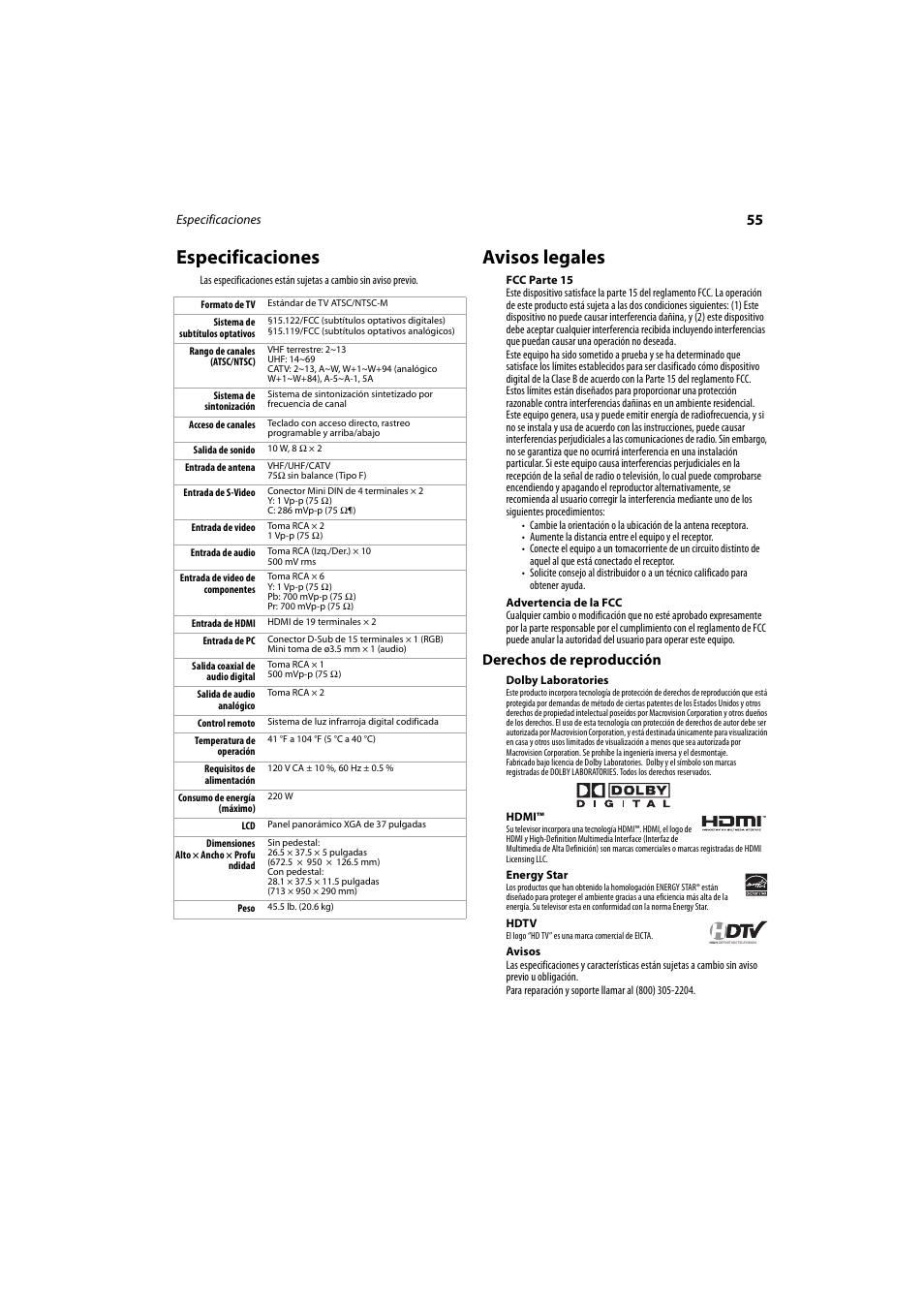 Especificaciones, Avisos legales, Derechos de reproducción | Especificaciones avisos legales | Dynex DX-LCD37-09 User Manual | Page 55 / 64