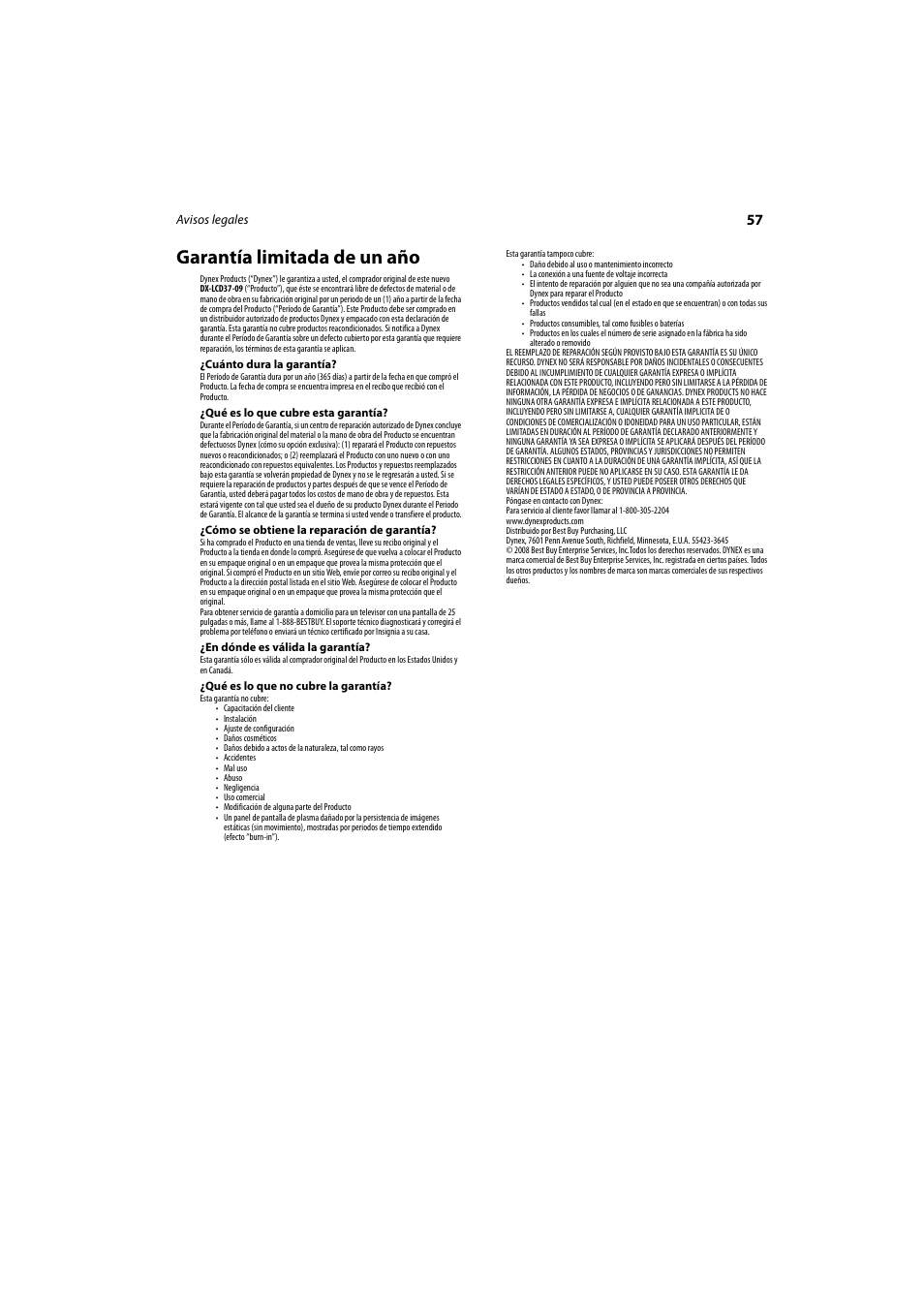 Garantía limitada de un aсo, Garantía limitada de un año | Dynex DX-LCD37-09 User Manual | Page 57 / 64