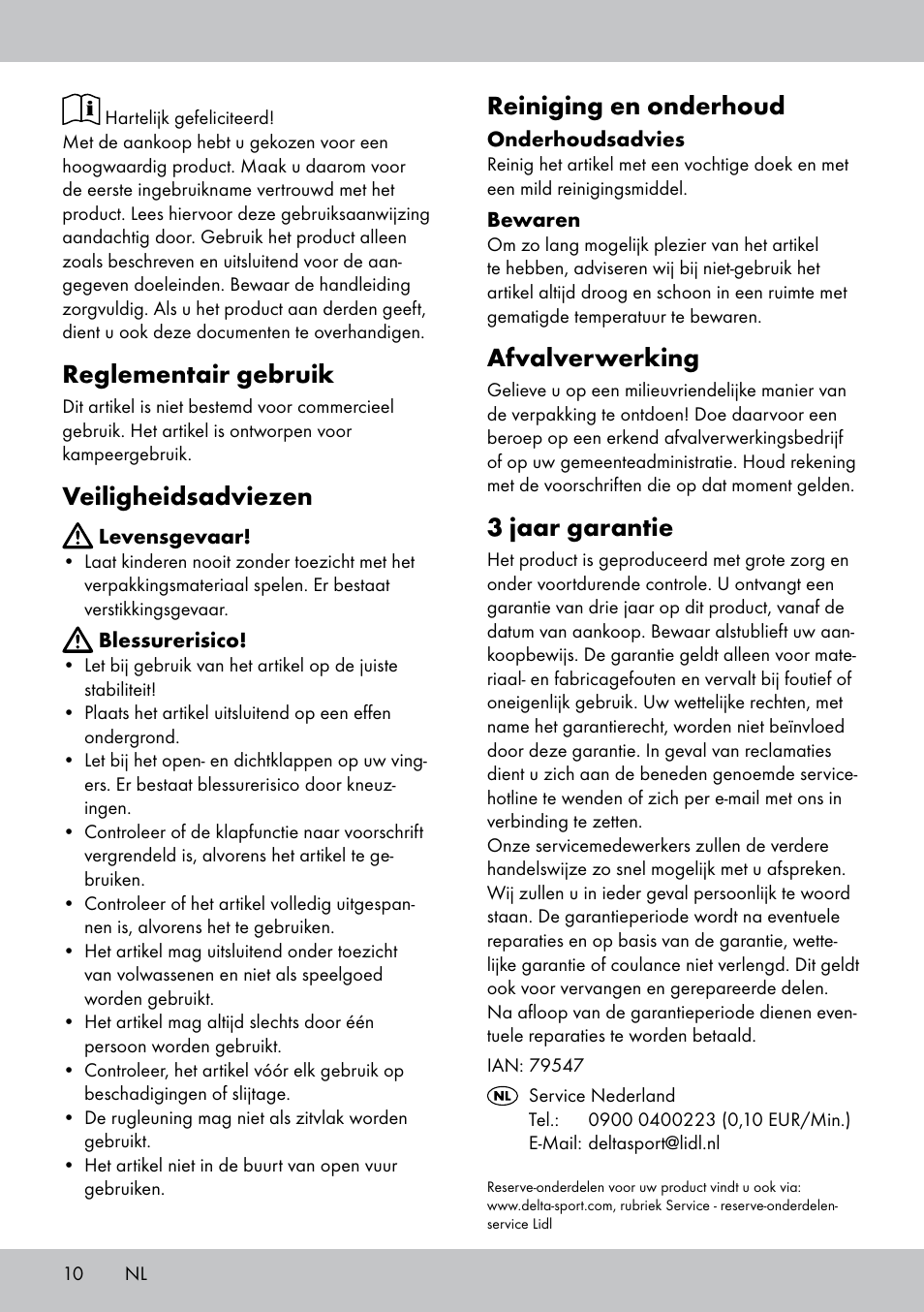 Reglementair gebruik, Veiligheidsadviezen, Reiniging en onderhoud | Afvalverwerking, 3 jaar garantie | Florabest DL-1584 User Manual | Page 10 / 12