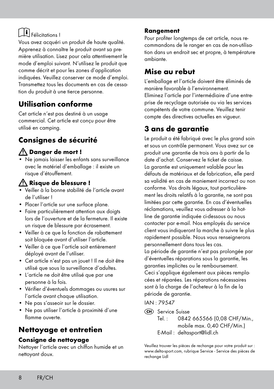 Utilisation conforme, Consignes de sécurité, Nettoyage et entretien | Mise au rebut, 3 ans de garantie | Florabest DL-1584 User Manual | Page 8 / 12