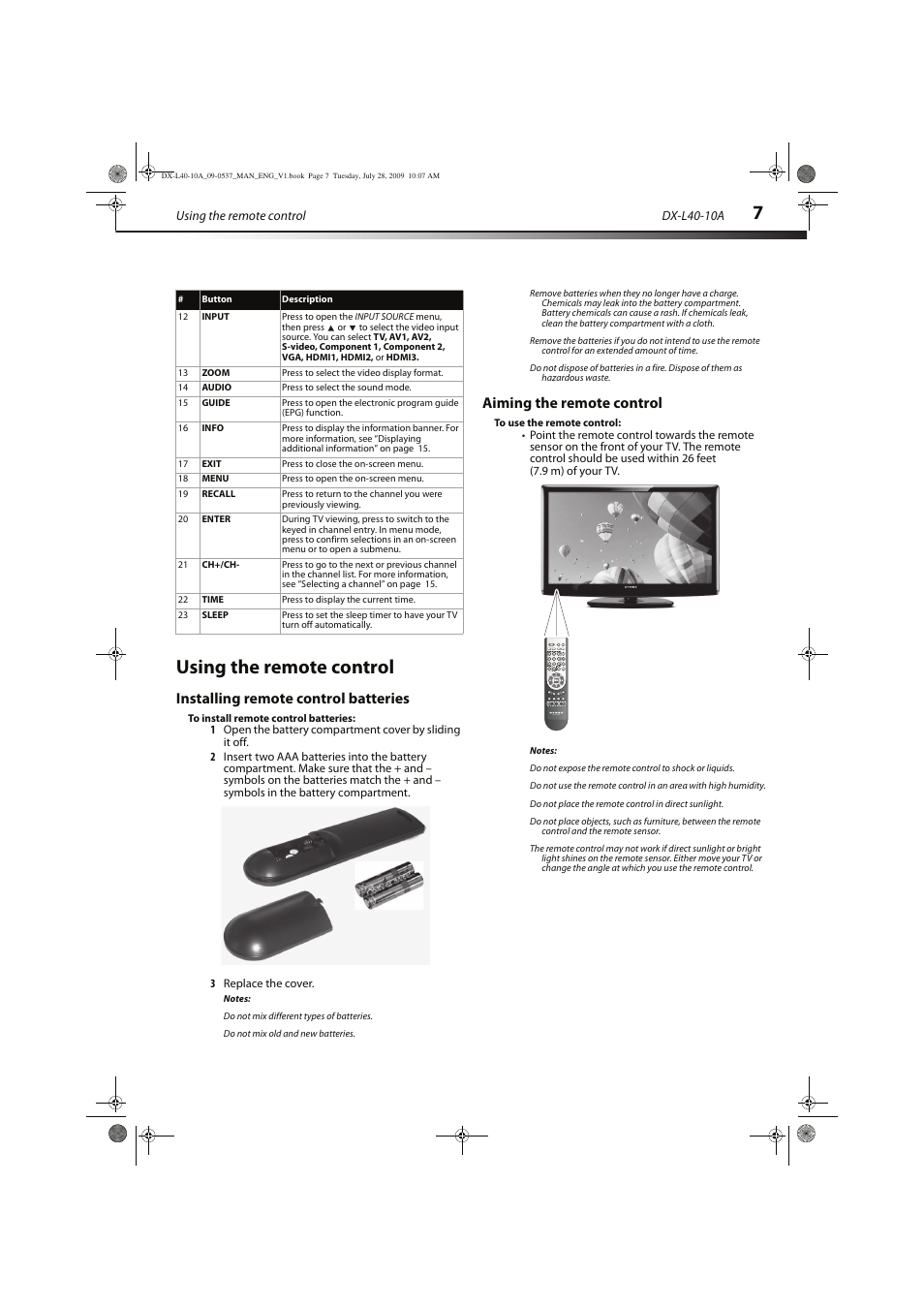 Using the remote control | Dynex DX-L40-10A User Manual | Page 10 / 28