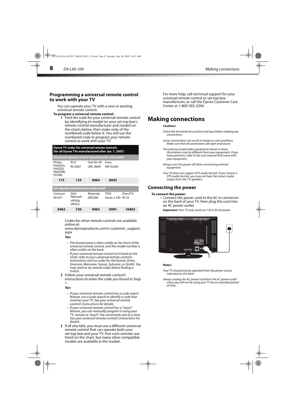 Making connections, Connecting the power | Dynex DX-L40-10A User Manual | Page 11 / 28