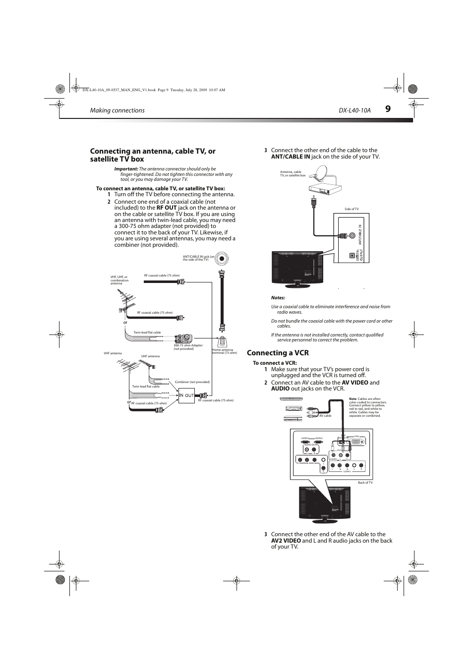 Connecting a vcr, Making connections, Dx-l40-10a | Dynex DX-L40-10A User Manual | Page 12 / 28