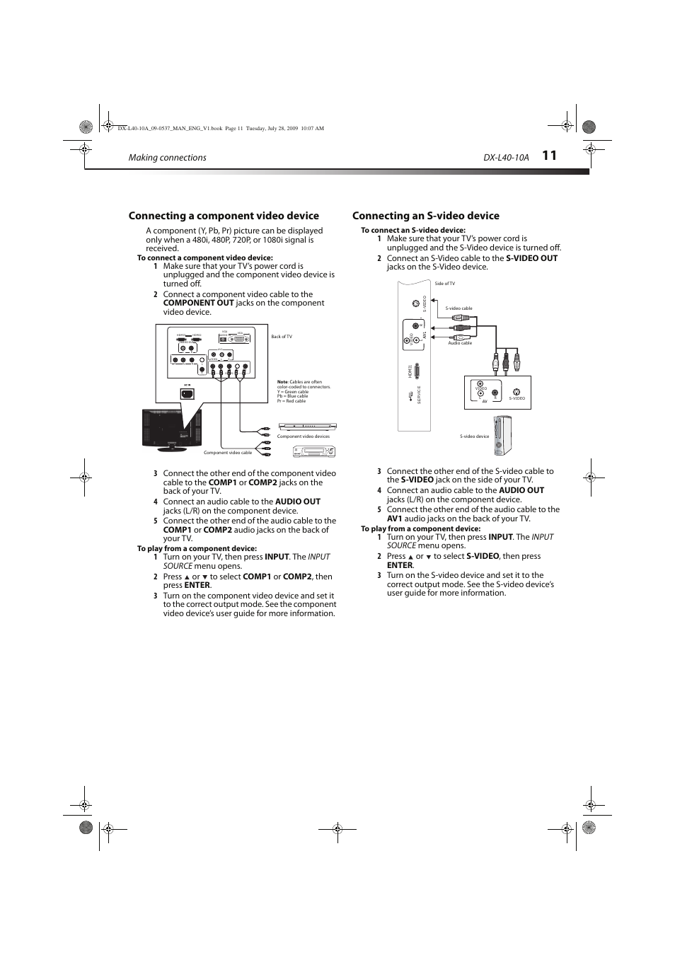 Connecting a component video device, Connecting an s-video device, Making connections | Dx-l40-10a | Dynex DX-L40-10A User Manual | Page 14 / 28