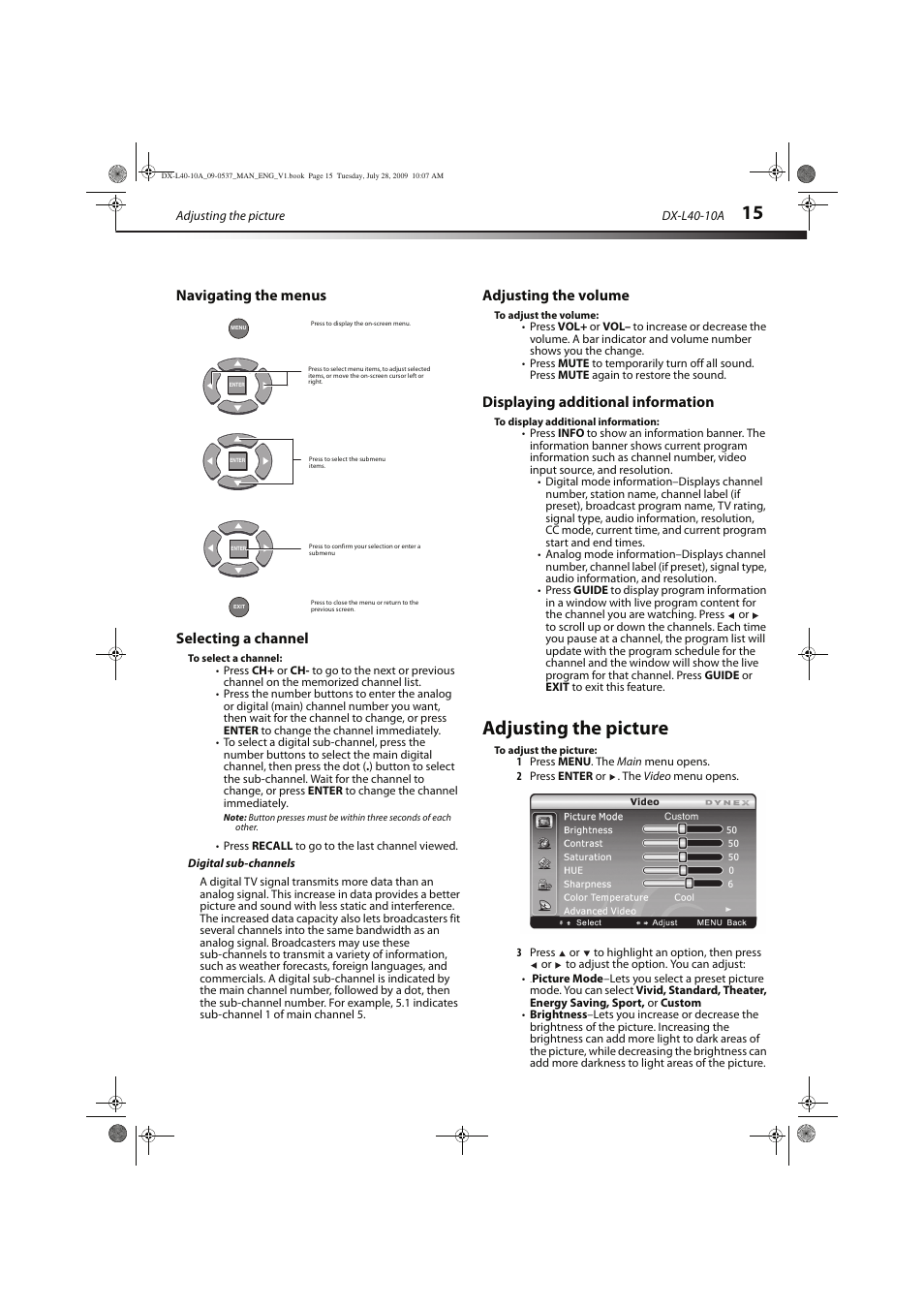 Adjusting the picture, Navigating the menus selecting a channel, Adjusting the volume | Displaying additional information | Dynex DX-L40-10A User Manual | Page 18 / 28