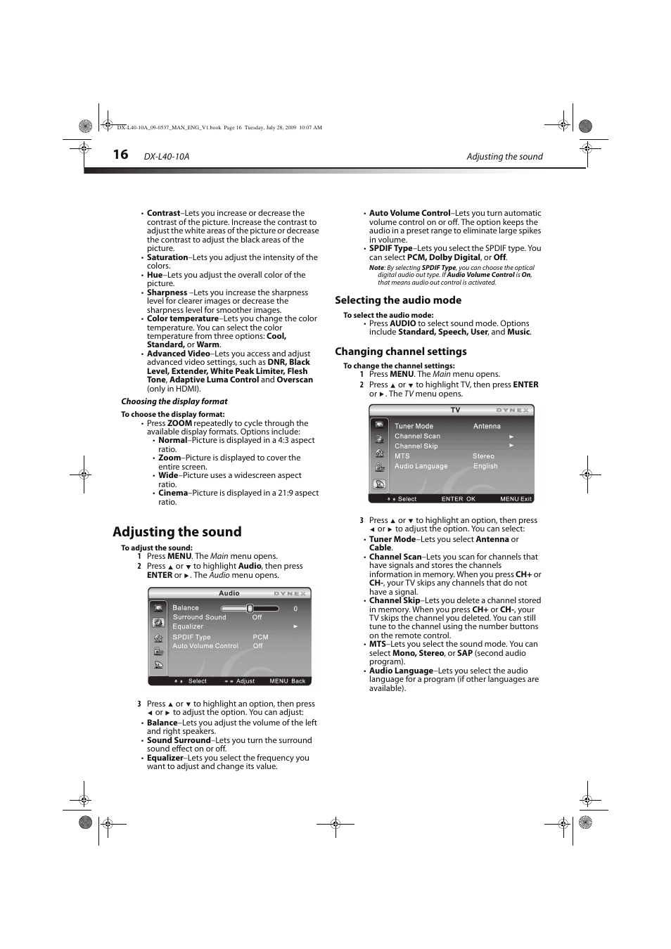 Adjusting the sound | Dynex DX-L40-10A User Manual | Page 19 / 28