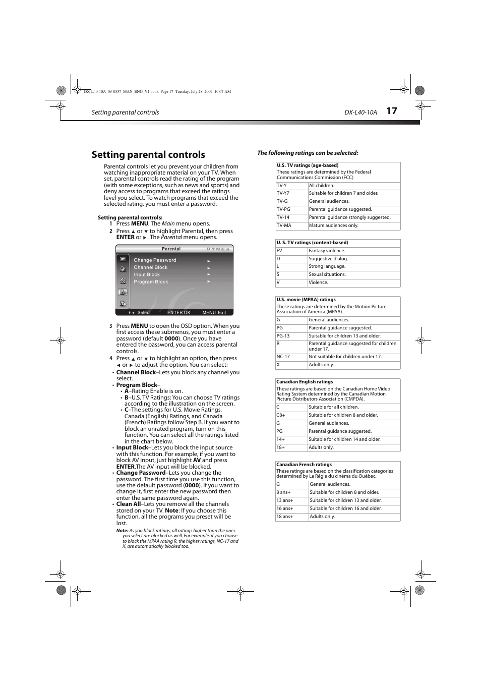 Setting parental controls | Dynex DX-L40-10A User Manual | Page 20 / 28
