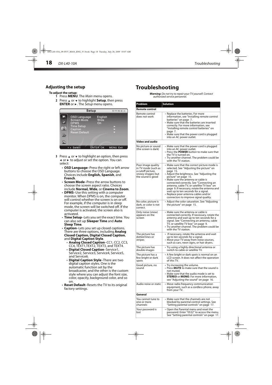 Troubleshooting, Adjusting the setup | Dynex DX-L40-10A User Manual | Page 21 / 28