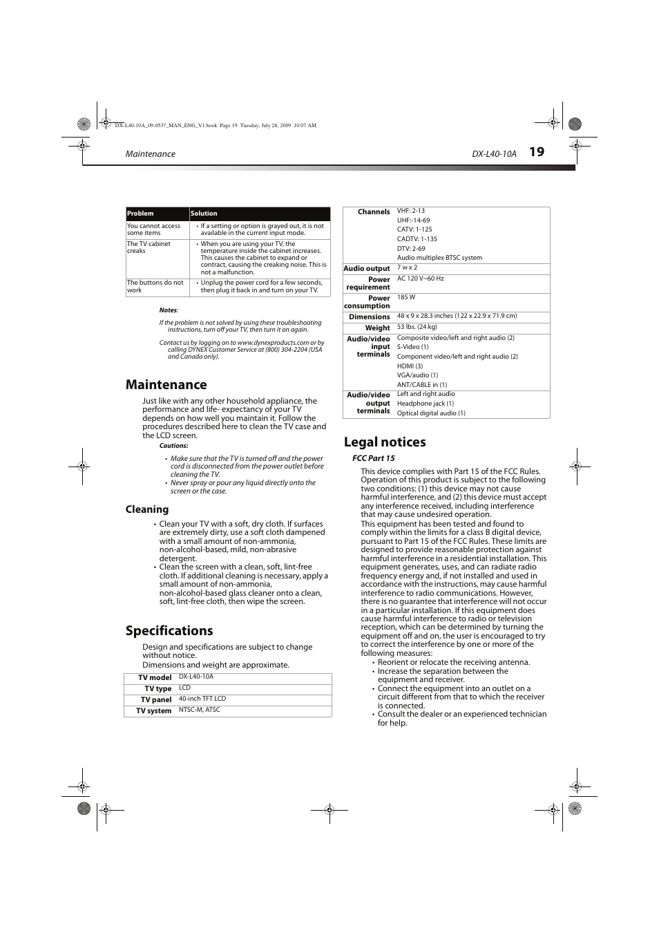 Maintenance, Specifications, Legal notices | Cleaning | Dynex DX-L40-10A User Manual | Page 22 / 28
