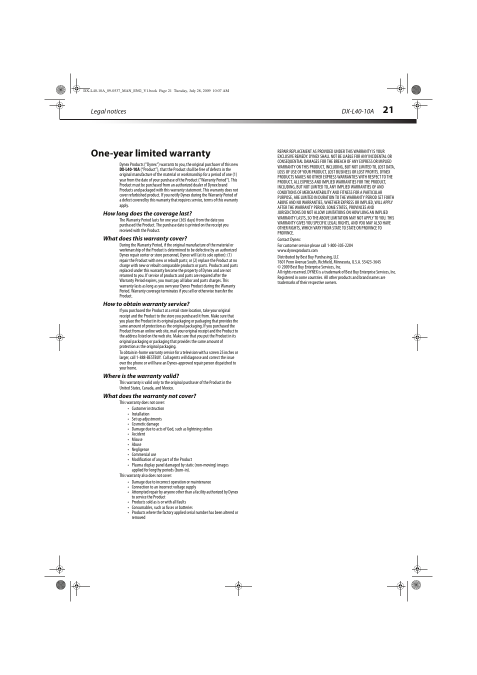 One-year limited warranty | Dynex DX-L40-10A User Manual | Page 24 / 28