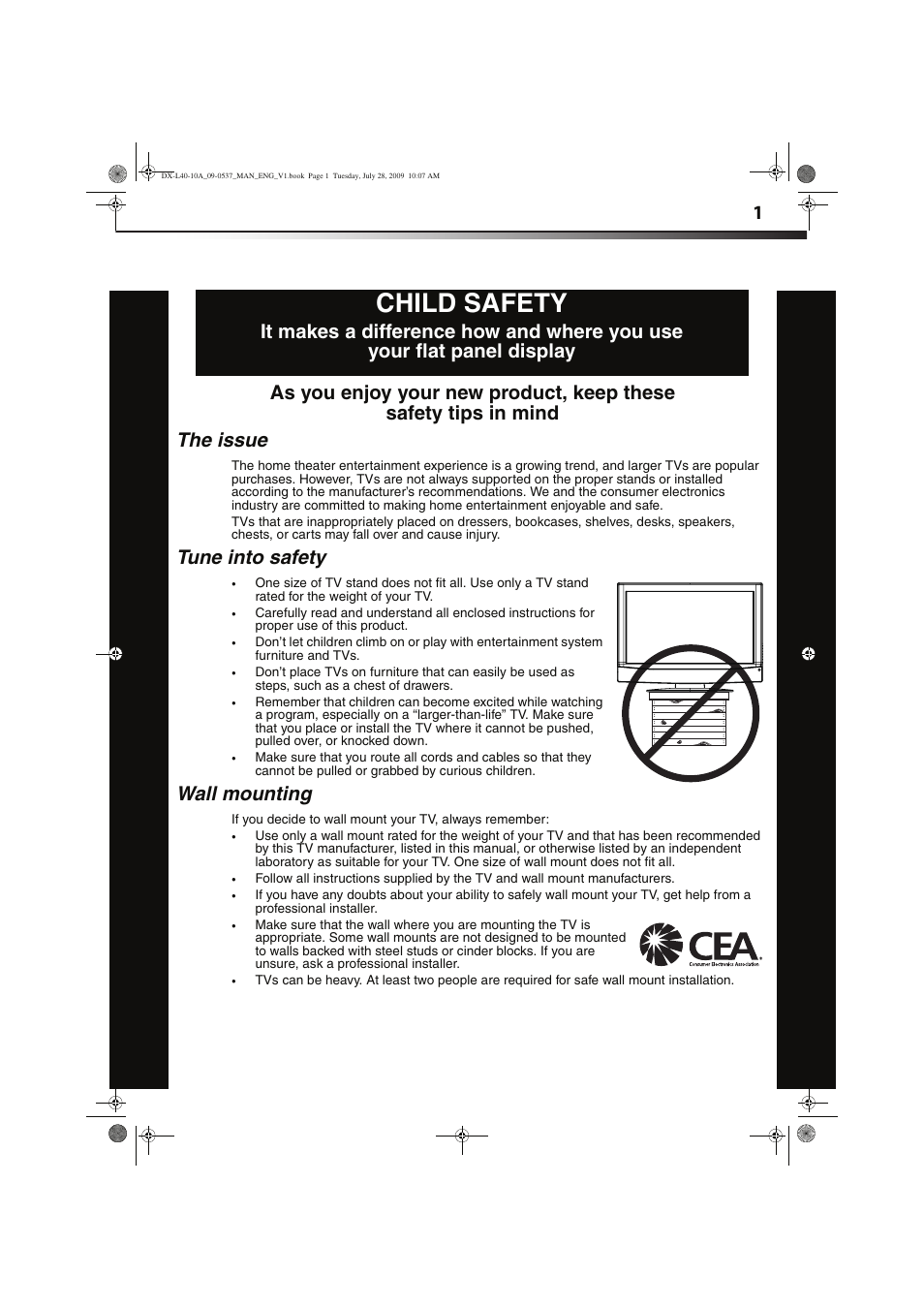 Child safety, Tune into safety, Wall mounting | Dynex DX-L40-10A User Manual | Page 4 / 28